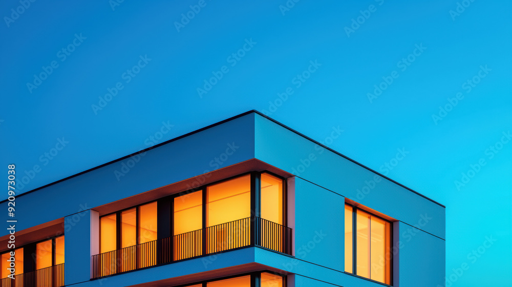 Poster modern minimalistic building with illuminated windows under a clear twilight sky, showcasing contemp
