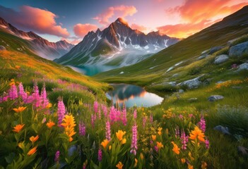 Fototapeta premium stunning mountain landscape bathed golden sunrise light majestic peaks vibrant sky colors, adventure, alpine, beauty, breathtaking, clouds, dramatic