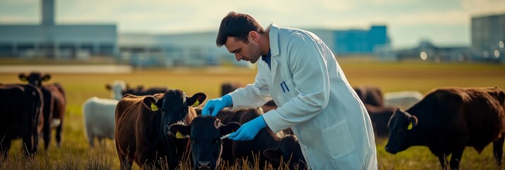 A veterinarian is meticulously examining cattle in a serene pastoral setting, showcasing the importance of animal care and expertise in agriculture, particularly related to livestock management