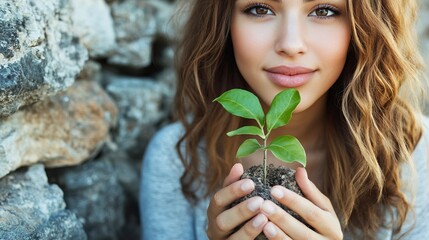 Young Woman Holding a Seedling