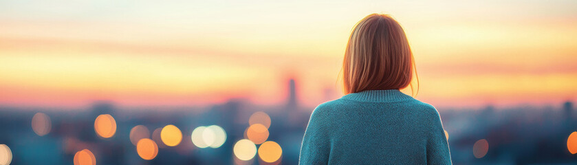A person with red hair gazing at a vibrant sunset. The colorful sky and city lights create a serene and contemplative mood in this scenic urban view.