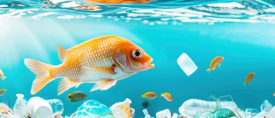 Naklejka premium Goldfish swimming surrounded by plastic waste in polluted water, highlighting environmental pollution and marine life struggles.