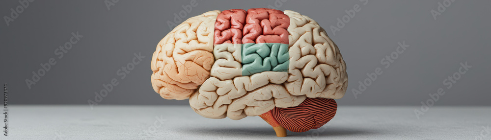 Poster detailed model of human brain highlighting different lobe areas, illustrating neurology and cognitiv