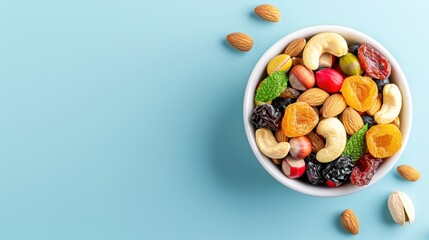 Top view of a bowl filled with a mix of dried fruits and various nuts on a blue background. Healthy snack option with colorful ingredients.
