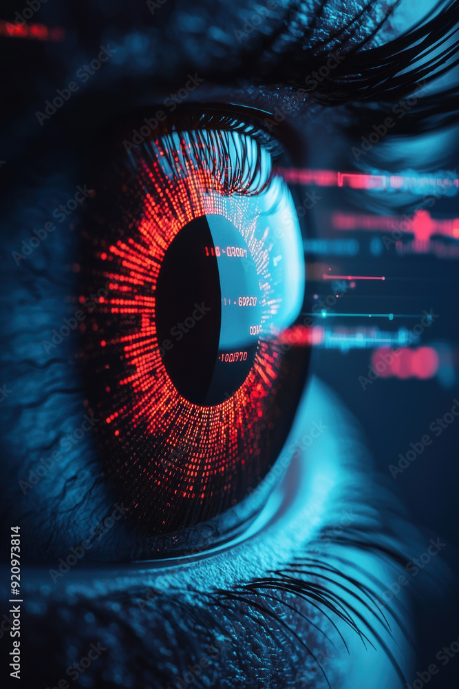 Poster close-up of a human eye with glowing digital interface, showcasing futuristic technology and data vi