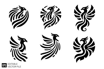set of phoenix Black and White Vector Silhouette Illustrations Clip Art  Graphic Design Elements