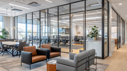 Fototapeta premium an open concept office interior design layout with collaborative zones, comfortable lounge areas, and flexible meeting spaces. glass partitions 