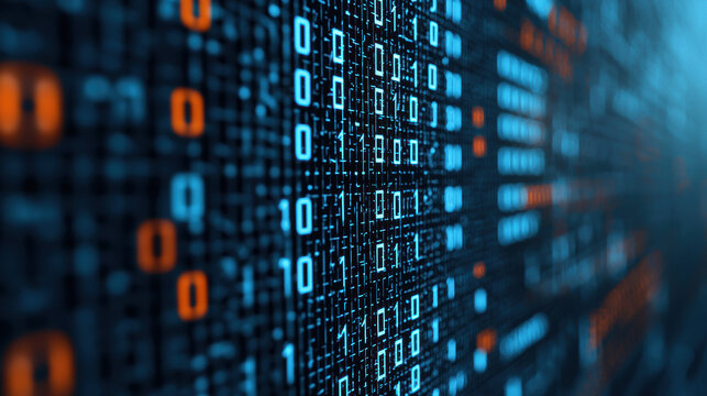 Abstract close-up of digital binary code, demonstrating data flow and information processing in a futuristic technology setting.