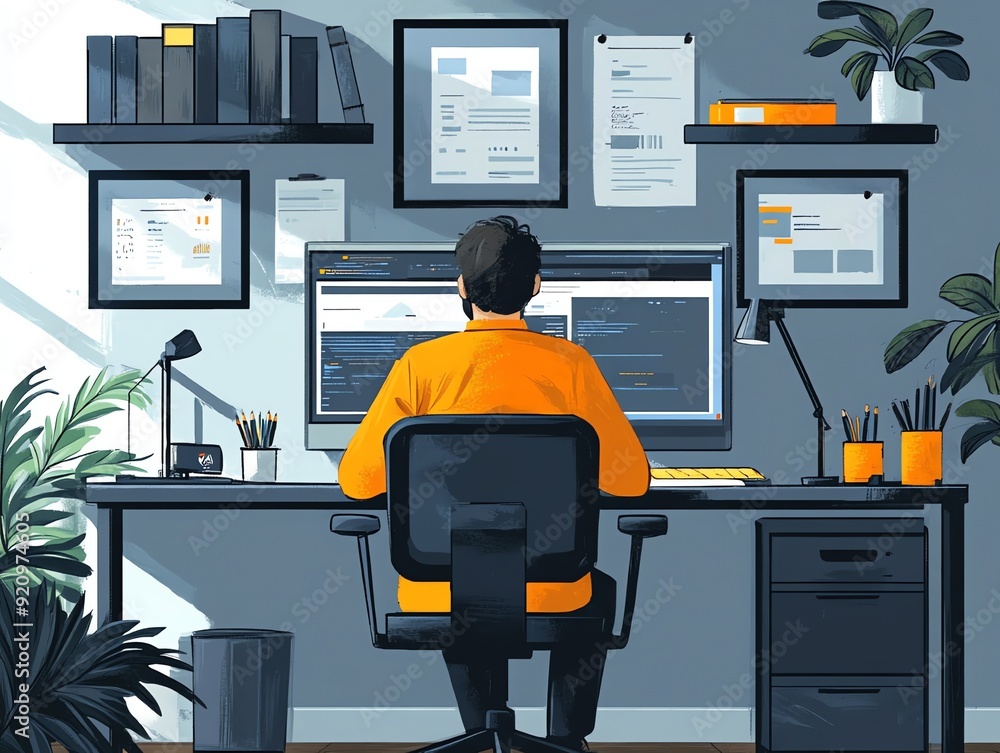 Poster man working at a computer in a home office.