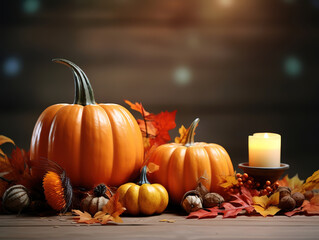 Atrractive Cozy autumnal composition with candles, pumpkins, corn on a wooden surface