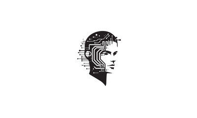 Human technology or human digital, head tech icon symbol, robot tech black logo design white background