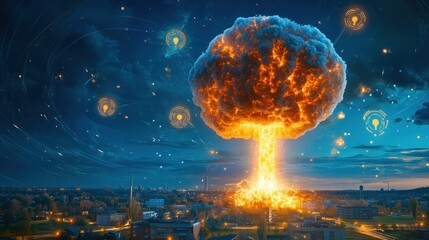 Obraz premium A nuclear explosion in the distance with a massive mushroom cloud rising, and radiation symbols appearing in the sky,