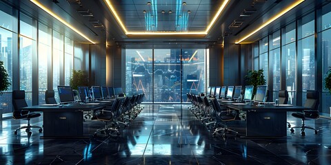 Stock Trader Working at a Computer with City CBD View, Capturing the Fast-Paced World of Finance and Trading