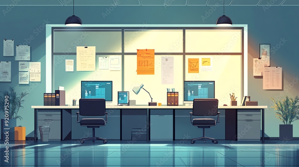 Poster empty modern office with desks and chairs.