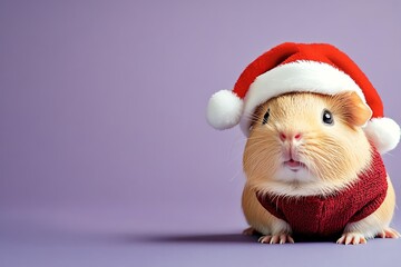 Adorable guinea pig wearing a Christmas hat and sweater, perfect for festive themes and seasonal decorations.