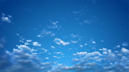 White halftone clouds effect vector over blue sky. Fluffy dotted style  cloudy blue sky.