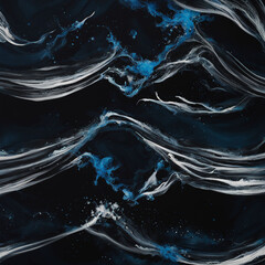 Abstract aesthetic black background with splashes of blue and white ink forming a current of waves | Variant 3