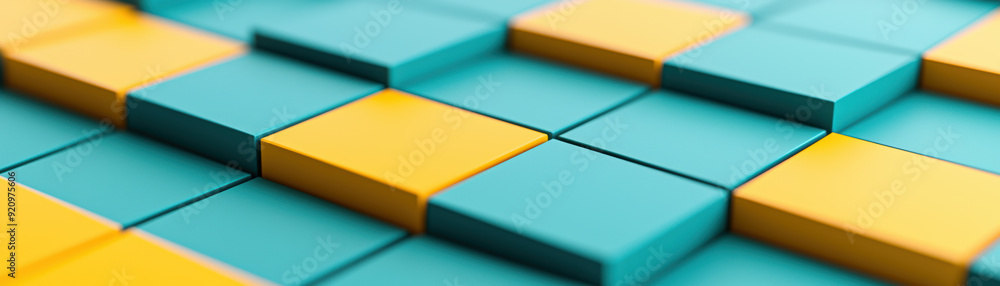 Poster close-up of a modern geometric pattern featuring yellow and teal blocks, creating a vibrant and dyna