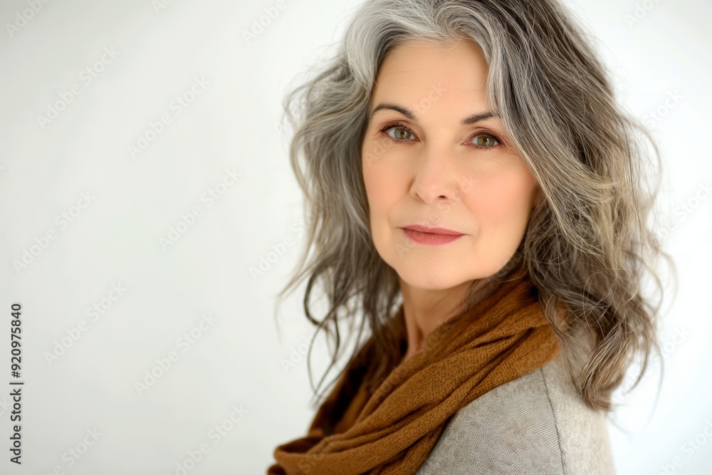 Sticker a woman with gray hair and a scarf around her neck poses for a photo. concept of warmth and comfort,