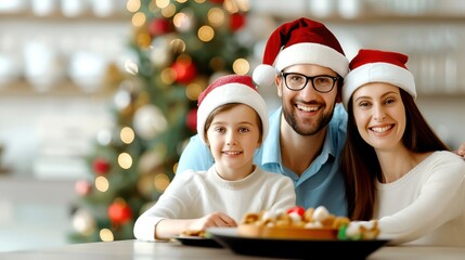 Happy family celebrating Christmas together at home, wearing Santa hats and smiling, with a decorated tree in the background.