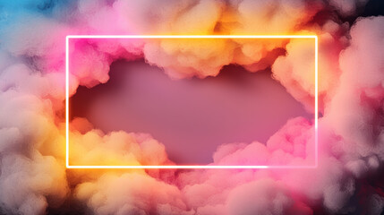 Vibrant abstract cloudscape with neon glowing frame, perfect for backgrounds, presentations, and creative projects.