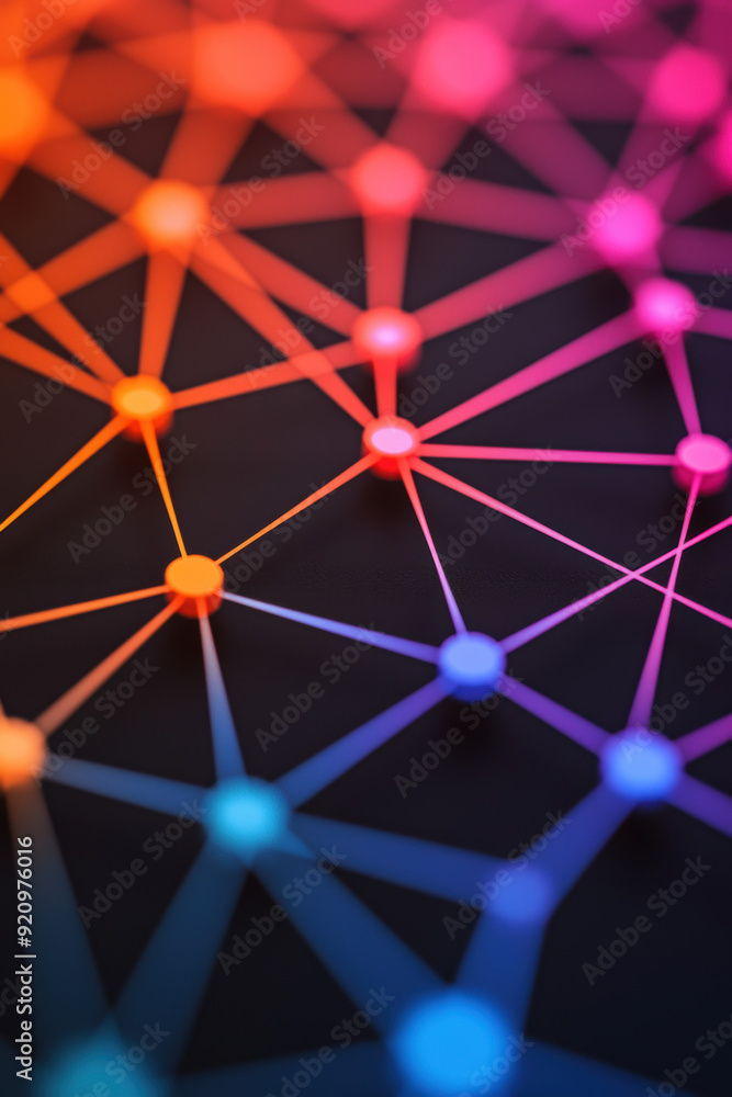 Poster a vibrant and colorful abstract network of interconnected nodes and lines on a dark background, repr