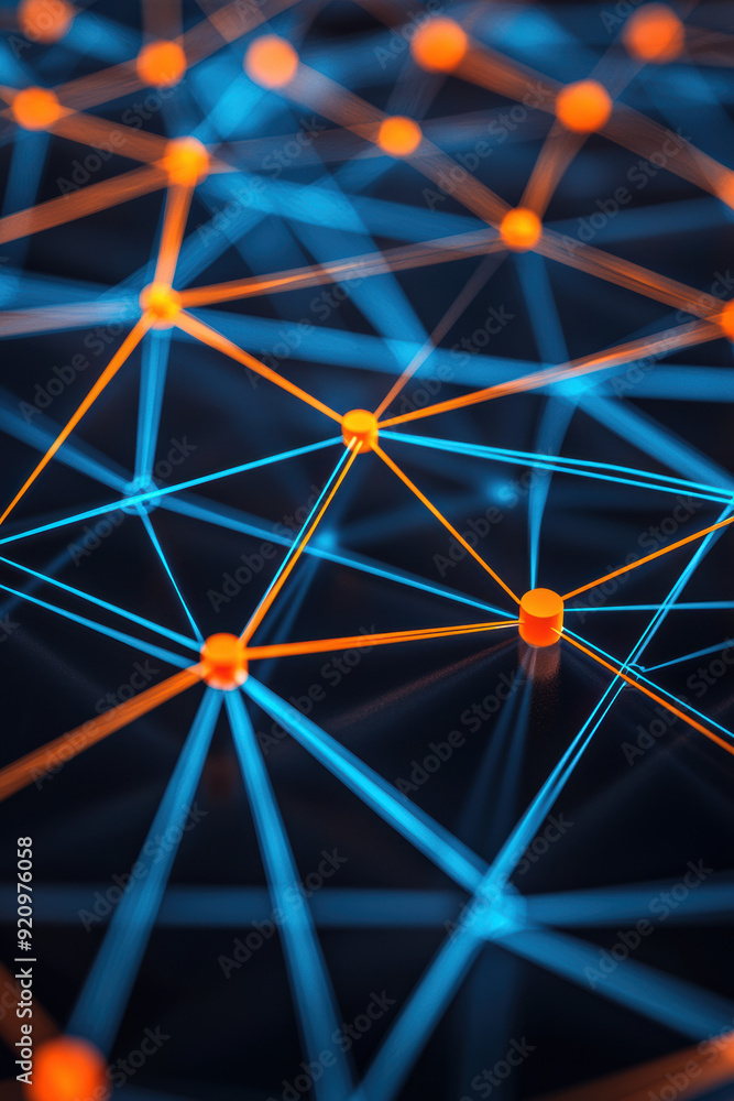 Poster abstract network visualization with blue and orange nodes connected by lines, representing digital c