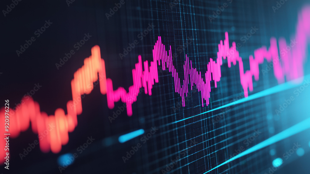 Aufkleber dynamic digital stock market graph with neon colors showing fluctuations in financial data on a blac