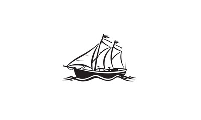 Simple Sailboat dhow boat ship on Sea Ocean Wave with Doodle black line art style for Sailing Travel Transport logo design white background