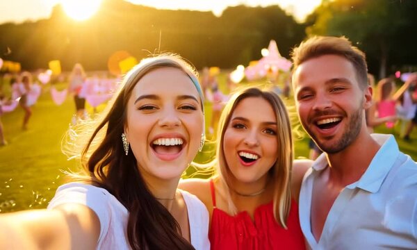 Selfie of laughing girl friends partying on sunny summer day