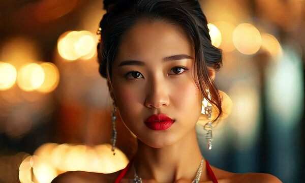 Asian woman with a bold red lip and sparkling jewelry commands attention in a luxurious, bokeh-lit setting. 