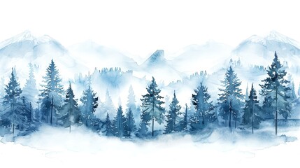 Obraz premium Serene watercolor landscape of misty mountains and pine trees, perfect for nature, travel, or background use.