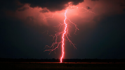 Dramatic red lightning bolt striking during a thunderstorm at night, illuminating dark clouds and landscape in a powerful display of nature.