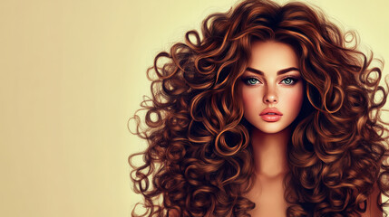 Fototapeta premium Portrait of Woman with Long Curly Hair in Elegant Style Against Soft Background