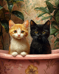 Three Kittens in a Pink Bathtub with Tropical Leafy Background
