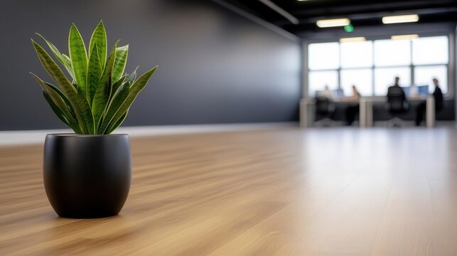 A sleek, modern office space with an open floor plan, filled with employees working collaboratively