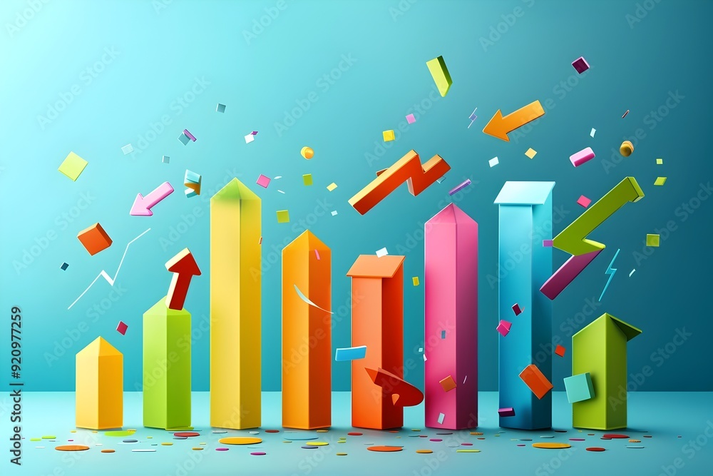 Poster colorful 3d bar graph with arrows and confetti.