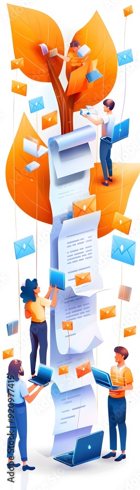 Poster people working on a project with emails.