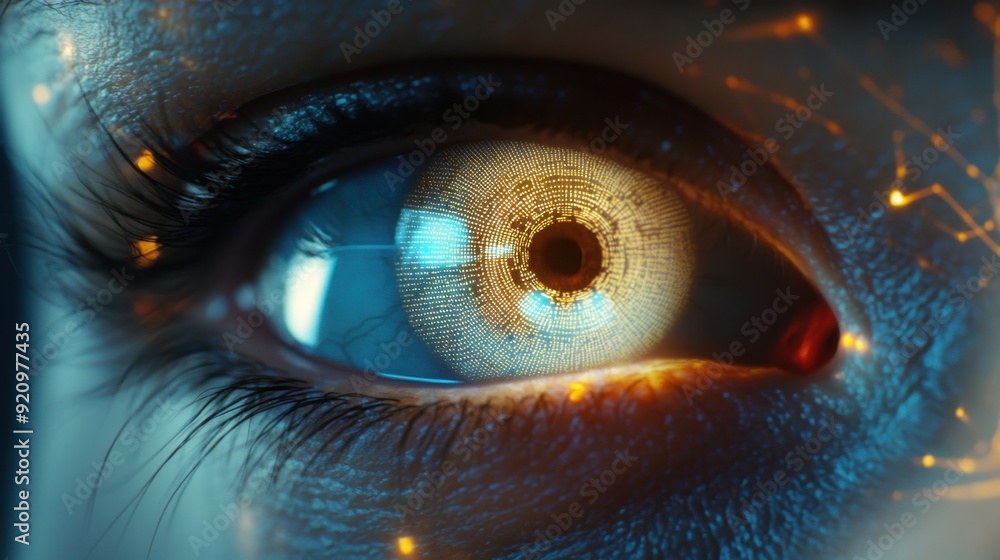 Poster futuristic biometric iris scanner with data patterns reflected in eye