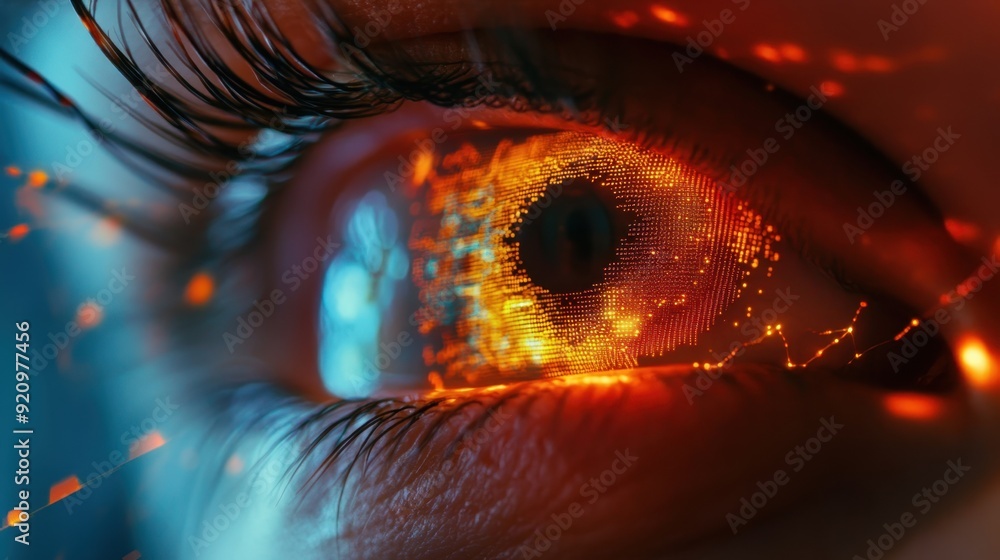 Poster futuristic biometric iris recognition technology interface scanning eye with data patterns reflected
