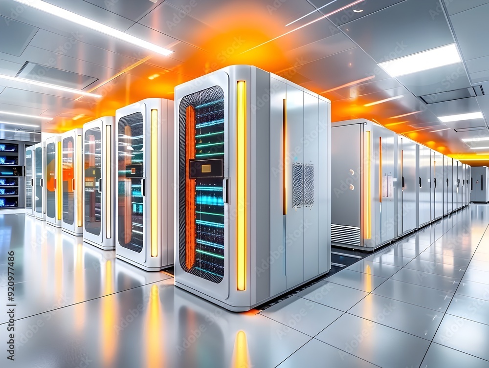 Poster server room with rows of servers.