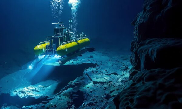 Submersible Exploration: A yellow submersible vehicle navigates the deep blue abyss, its powerful lights illuminating the rocky, mysterious ocean floor, as bubbles rise from its exhaust. 