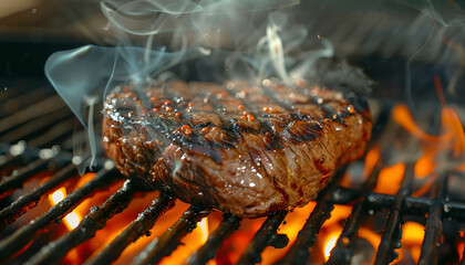 BBQ dry aged wagyu roast beef steak grilled as close-up on a charcoal grill with fire and smoke