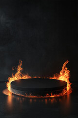 Empty black round product display podium surrounded by flame against dark wall 