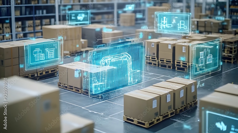 Poster a digital smart logistics center with augmented reality inventory tracking and ai-driven automation