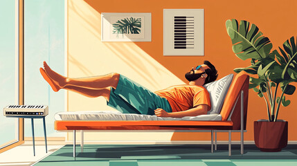A peaceful beach scene with a guitar, chair, and table overlooking the ocean. Perfect for relaxation and vacation themes.