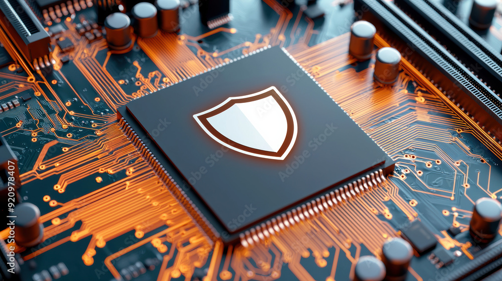 Poster close-up of a microchip with a shield icon representing cybersecurity on a motherboard, emphasizing 