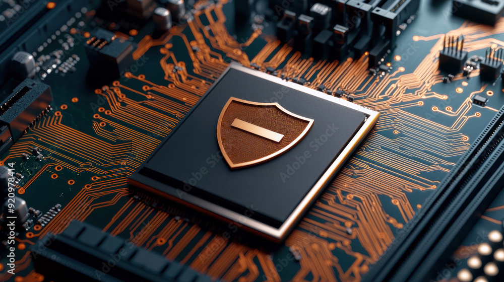 Poster close-up of a secure microchip with a shield symbol on a circuit board, representing cybersecurity a