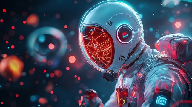 A futuristic hazmat suit with integrated digital displays showing radiation levels, glowing in a dark environment,