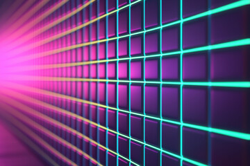 Vibrant neon grid with glowing squares in futuristic digital landscape. Dynamic light and modern technology concept with purple and teal hues.